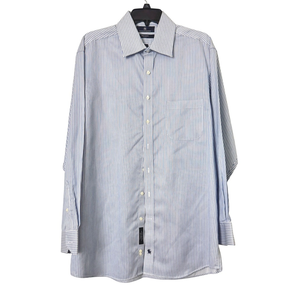 Hart Schaffner Marx Mens Blue‎ White Striped Non-Iron Dress Shirt 16.5 34 Cotton